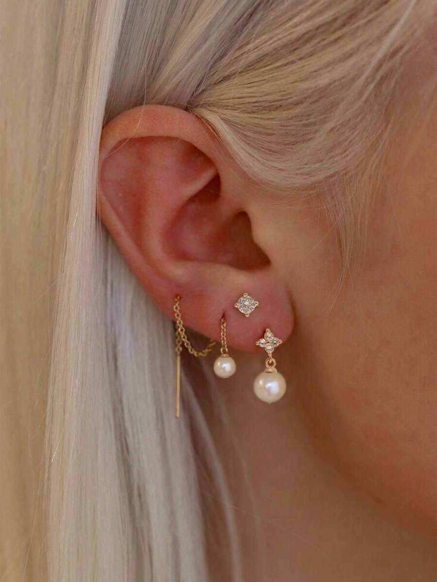 Nooxian 3pcs/Set Elegant Pearl Four-Leaf Clover Earrings & Studs Set, Suitable For Women's Daily Wear - Yellow Gold - View 1