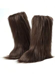 Winter Knee High Boots For Women Pull-On Faux Fur Boots Furry Fluffy Round Toe Fashion Boots Suede Comfy Plush Warm Knee High Boots Outdoor Indoor Flat Shoes Party Dressy Women Winter Boots - 棕色-B - 查看 3