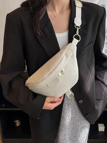 时尚百搭女士胸包，灯芯绒面料，休闲单肩包/斜挎腰包，适合运动、通勤、日常穿着，秋冬季节适用。 - 白色 - 查看 2