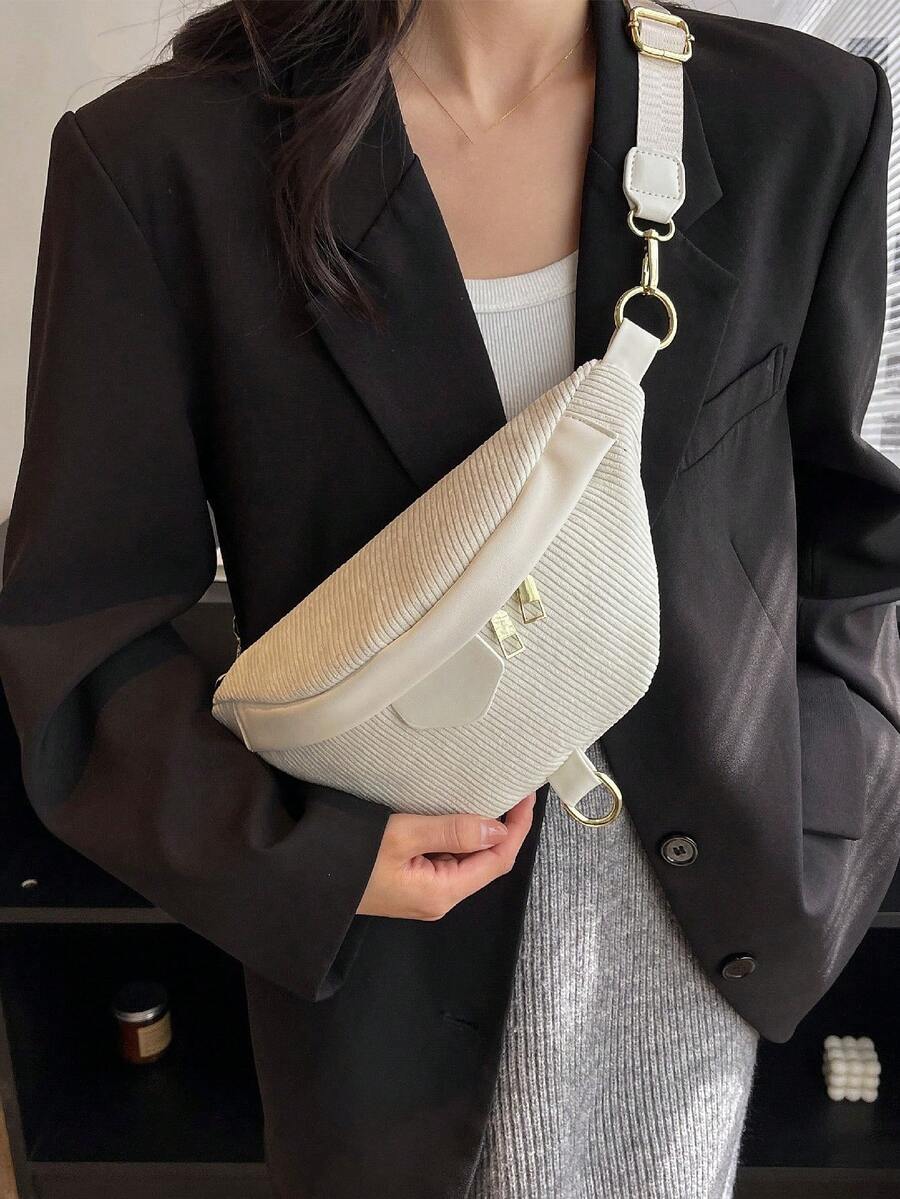 时尚百搭女士胸包，灯芯绒面料，休闲单肩包/斜挎腰包，适合运动、通勤、日常穿着，秋冬季节适用。
