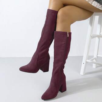 Timesize Botas burdeos de tacón grueso y súper alto, botas por encima de la rodilla, botas vaqueras, botas con plataforma, zapatos de mujer, zapatos de boda, botas de invierno, tacones altos