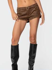 Women Y2k Studded Belt Micro Shorts Low Rise Rivet Faux Suede Shorts Buckle Mini Bottoms Punk Streetwear - 棕色 - 查看 4