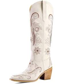 Women's Western Cowboy Boots Knee High, Floral Embroidered Vintage Cowgirl Boots With Pointed Toe & Chunky Heel, Pull-On Tabs For Country Style, Concert, Party And Daily WearChristmas - 白色 - 查看 1