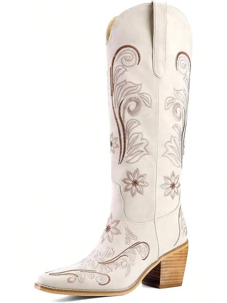 Women's Western Cowboy Boots Knee High, Floral Embroidered Vintage Cowgirl Boots With Pointed Toe & Chunky Heel, Pull-On Tabs For Country Style, Concert, Party And Daily WearChristmas - 白色 - 查看 1