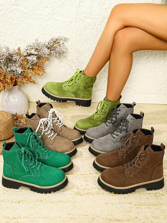 1 Pair Women's Ankle Boots, New Autumn/Winter Style, Solid Color Retro Thick Sole Boots, Front Lace-Up, Short Shaft, Outdoor Sports Shoes