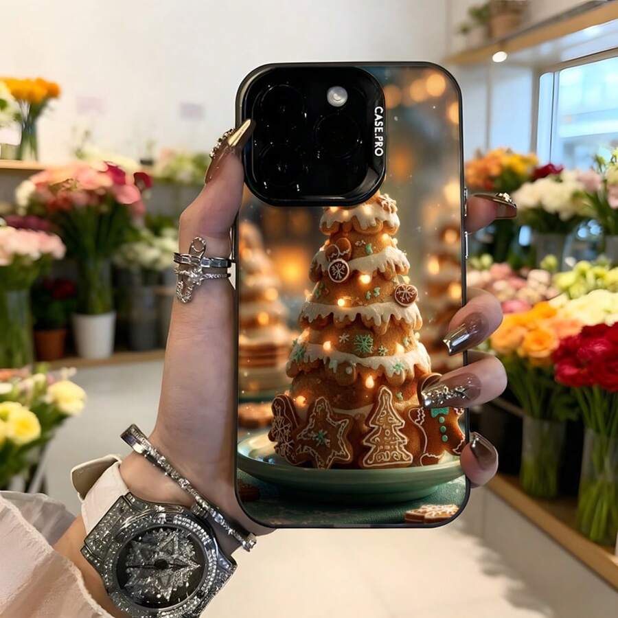 Cubierta de telefono con espejo negro con estampado de arbol de pan de jengibre navideño para mujer elegante y festiva para uso diario y fiestas Aplicable a los teléfonos de la serie Apple y Galaxy - Blanco - Ver 1