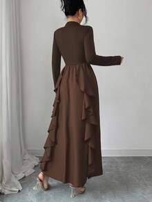 Solid Color Casual Elegant Conservative Ruffle Hem Dress, Suitable For Daily, Festivals, Birthday Parties, Valentine's Day And Other Occasions In Autumn - Coffee Brown - View 4