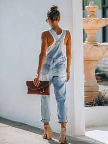 时尚舒适宽松蓝色猫须条纹连体裤和背带裤，女士休闲春季款 - 淺色水洗藍 - 查看 4