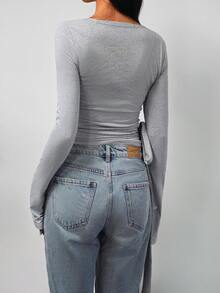 优雅时尚不对称V领扭结长袖T恤，百搭日常穿搭，春秋季新款设计，女士春季服装，女士休闲长袖上衣 - 灰色 - 查看 4