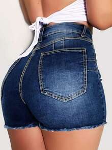 Plus Size Fashionable Street Style Frayed Hem Denim Shorts Summer - Blue - View 3