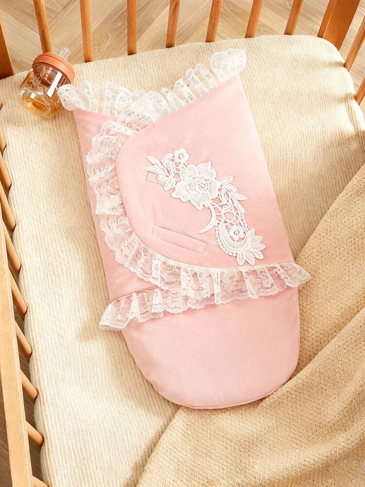 قطعة واحدة لف طفل حديث الولادة ناعم مزدوج الطبقة، تصميم دانتيل أميري للبنات الرضع يضيف حيوية وأناقة، يبقي الطفل دافئًا ومريحًا - وردي بدون غطاء - مشاهدة 3