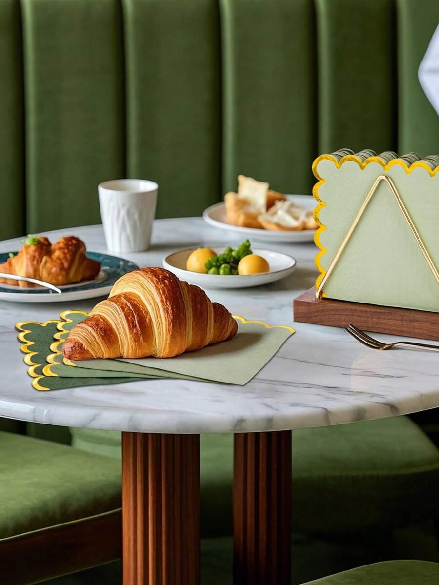 Green Cocktail Napkins With Gold Foil Scalloped Edges, 5 X 5 Inch Party Napkins Disposable Thick Paper For Wedding Dinner Birthday, Shower Dinner Lunch Supplies