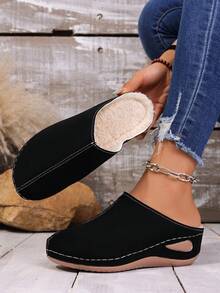 女士厚底套脚拖鞋，保暖闭趾，休闲舒适，适合秋冬季节，尺码 36-43 - 黑色 - 查看 1