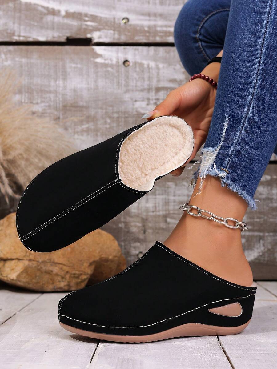 女士厚底套脚拖鞋，保暖闭趾，休闲舒适，适合秋冬季节，尺码 36-43 - 黑色 - 查看 1