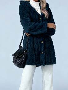 Women's Mid-Length Casual Hooded Jacket, Machine Washable Or Dry Cleanable, Solid Color, Versatile Solid Color, Lightweight, Comfortable And Casual, Personalized Niche Design. - 藏蓝色 - 查看 3