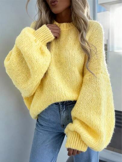 Plus Size Women Loose Knit Sweater, Plus Size Ribbed Pullover Sweater For Autumn, Vacation Wear, Plus Size White Long Sleeve Top, Popular Outerwear For Women