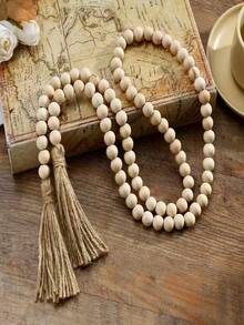 A Wooden Beaded Wreath With Jute Tassels, A Bohemian Style, Rustic Farmhouse Decor, A Handcrafted Home Decor Accessory For Holiday Dining Tables And Living Rooms. - Beige - View 1