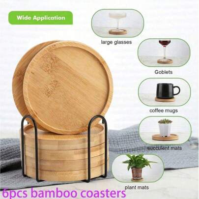 6pcs Bamboo Coaster Set With Holder - Natural Wooden Coasters, Protect Tabletop From Water Stains And High Temperature, Ideal For Home/Bar/Kitchen Decor