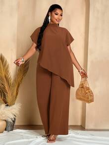 BIUBIU 大码女式纯色立领短袖不对称下摆上衣和直筒裤两件套 - 棕色 - 查看 6