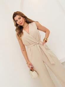 Marrant Women's Sleeveless Jumpsuit With Belt - Wrap Neckline, Elegant And Comfortable. Gloria W&Y Women's Fashion. - 米色 - 查看 3