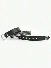 1pc Unisex Solid Color Punk Rock Studded Sequins Rhinestones Embellished Belt, Suitable For Teen, Casual, Outdoor, Athletic, Vacation, Travel, Graduation, Birthday, Daily Wear - màu đen - Xem 3