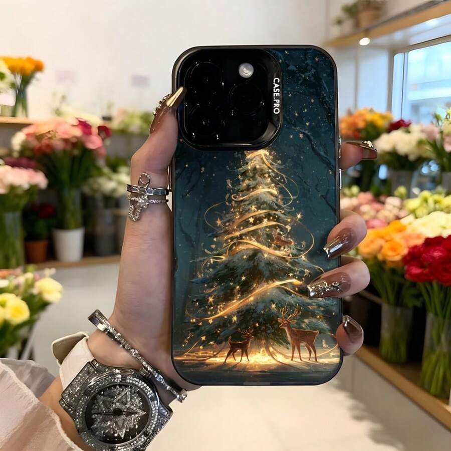 Cubierta de teléfono con diseño de árbol de navidad brillante y ciervos en tono azul oscuro para iPhone 14 Pro Max ideal para temporada festiva Aplicable a los teléfonos de la serie Apple y Galaxy - Negro - Ver 1