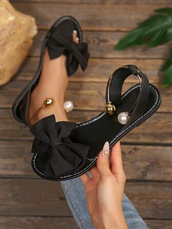 1 Pair Plus Size Women Comfortable Simple Round Toe Bow Decor Metal Beads Flat Slide Sandals, Casual Fashion Outdoor Vacation Beach Summer Shoes