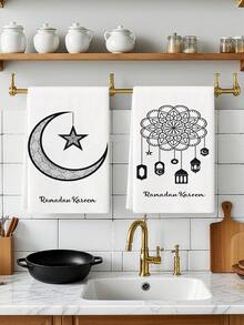 2Pcs Ramadan Mubarak Kitchen Towel Ramadan Kareem Soulful Stripes Moon Stars Cleaning Cloth Hand-Use Decorative Tea Towels Daily Cleaning Home Winter Decorations - Black and White - View 6