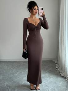 Đầm ôm body tay dài ren trơn màu cho nữ - màu nâu - Xem 6