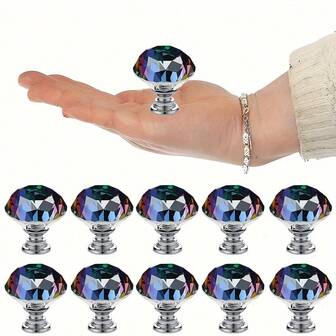10个水晶玻璃橱柜把手，1.2英寸抛光抽屉拉手，适用于厨房和浴室 - 优雅的钻石设计旋钮