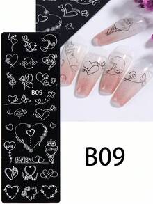 1片/4片装心形花朵美甲印花板，包含翅膀、心形嘴唇、情书图案，Y2K情人节设计，美甲印花模板，美甲配件，适合女性和女孩，美甲用品 - 銀色 - 查看 13