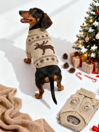 LUCKIE LABO 1 st stickad tröja med roligt tryck, varm vinteroutfit för små hundar som chihuahua, söt och avslappnad, lämplig för inomhus- och utomhusbruk, husdjurskläder för julen