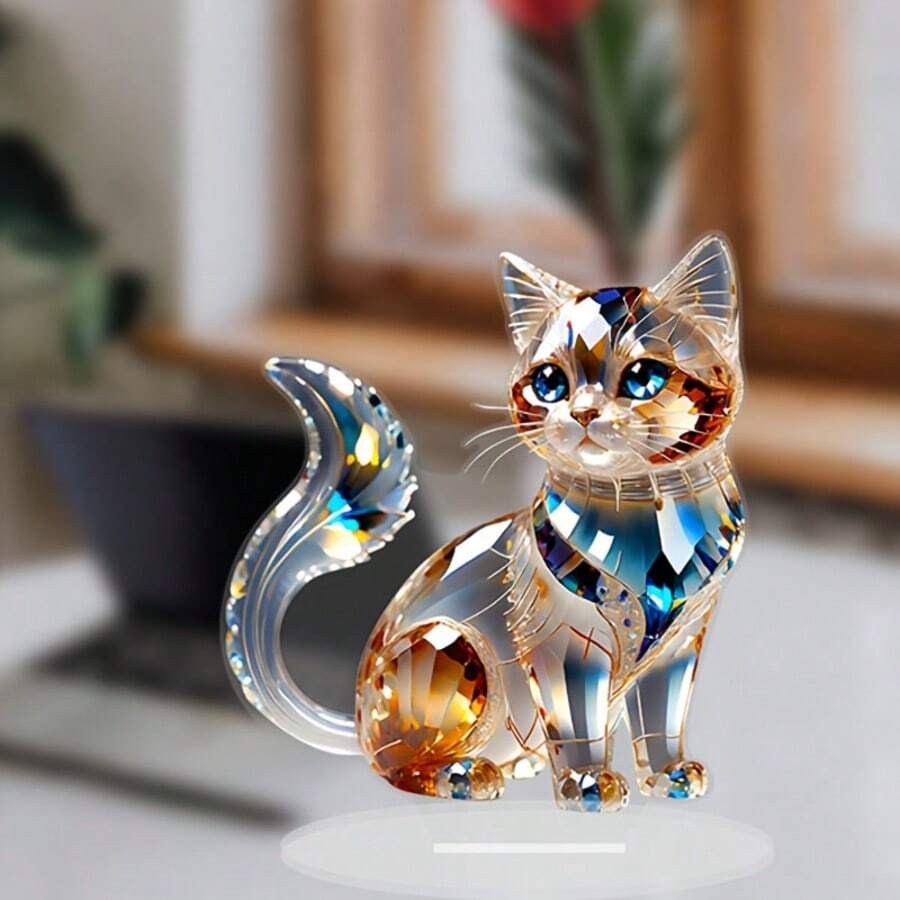 1pc 2D Crystal Cat Acrylic Desktop Decor, Best Gift For Valentine's Day, New Year, Easter, Suitable For Office, Desktop, Home, Bedroom, Store Display, Spring/Summer - Multicolor - View 1