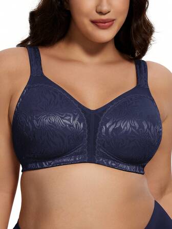 Wingslove Sujetador inalámbrico de talla grande con estampado de flores jacquard, un imprescindible cómodo para diario, ideal para figuras curvilíneas, lencería de estilo de moda