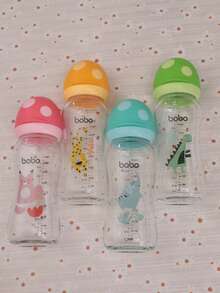 1pc 8.8oz/260ml Newborn Baby Glass Bottle With Mushroom Shaped Wide Mouth Cap