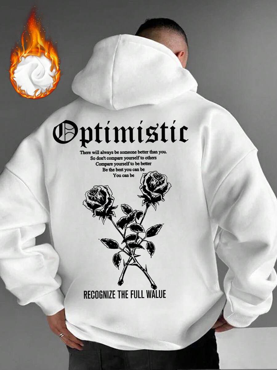 Krometka 男士秋冬街头时尚乐观玫瑰印花黑色连帽卫衣 - 白色 - 查看 1