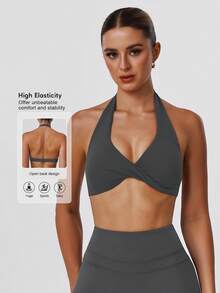 Sodalemon Women's Twist Back Workout Top, V-Neck Padded Solid Color Yoga Casual Sports Bra Spring - Xám - Xem 2