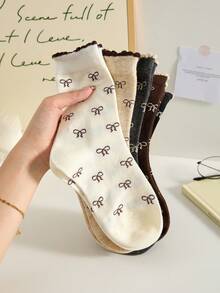 4 Paar Damen Mittelhoch Socken mit Schleifenmuster, Retro Design Crew Socken, locker sitzender Bund ohne Einengung, geeignet für den täglichen Gebrauch und alle Jahreszeiten, zufällige Farben