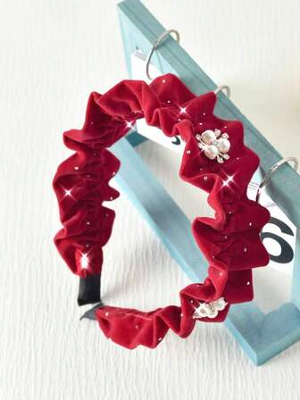 1pc Girl's New Velvet Pleated Pearl Rhinestone Headband, Versatile For Daily Wear, New Year 2026