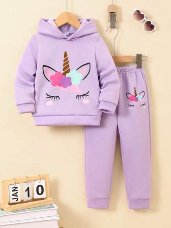 Conjunto de sudadera con capucha de felpa con estampado de unicornio y pantalones casuales para niña, otoño/invierno