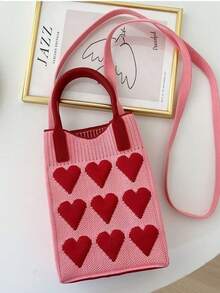 Super Cute Mini Knit Phone Bag With Heart Pattern, Checkered Wave Crossbody Small Bag, Handbag, Student Phone Bag