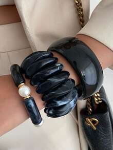 1pc Bohemian Geometric Arc Faux Pearl Resin Cuff Bracelet, Luxurious Casual Party Women's Couples Wedding Holiday Versatile Jewelry Resin Bracelet Gift (Slight Imperfections And Color Variations In The Resin Are Normal) - Bracelet - View 2