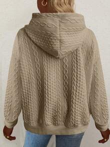 Plus Size Women Loose Casual Solid Color Jacquard Knit Long Sleeve Sweatshirt Spring - Khaki - View 7
