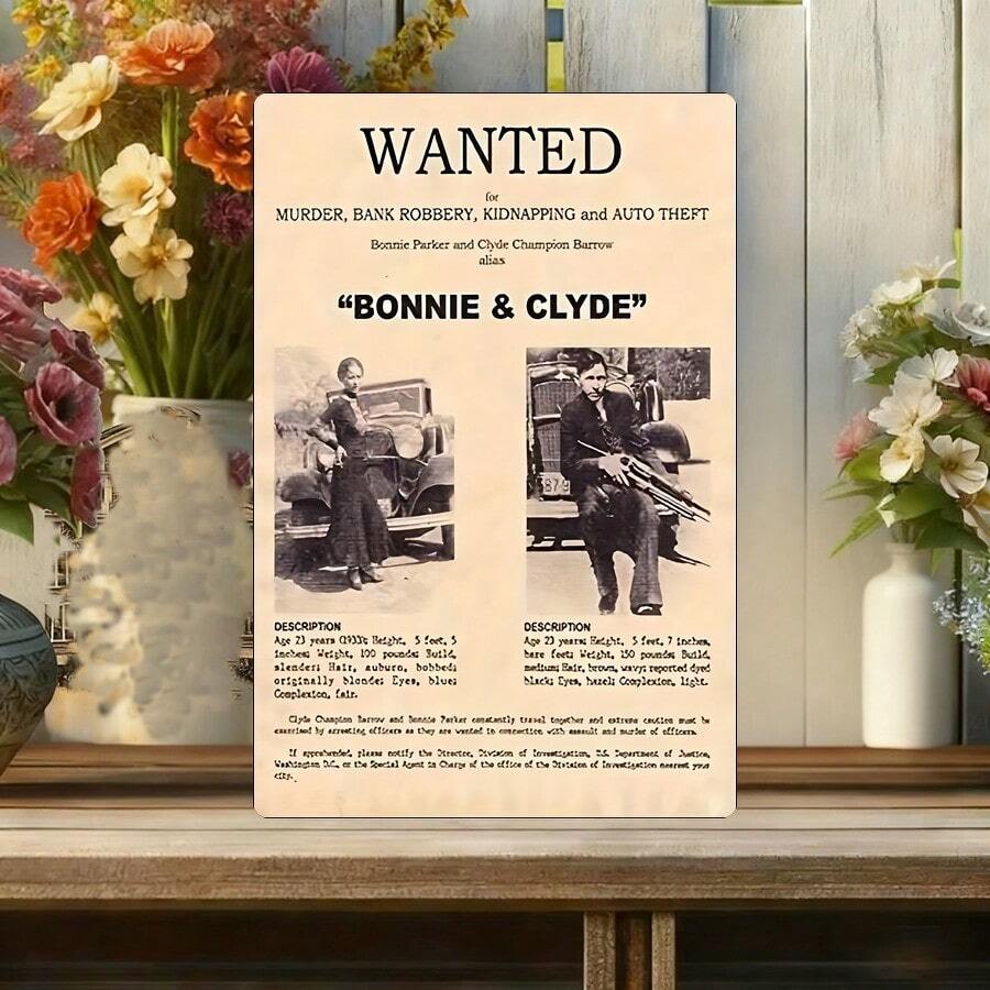 1PC 2D Flat Rustic Metal Sign Bonnie & Clyde Style Slogan Vintage Print Wanted Poster Sign Plaque Decoration Metal Wall Art Decor Humorous Retro Tin Sign Wall Art Decor, Wall Decor For BedroomGarage Kitchen Garden Decor, Home Decor Gift Ideas - 彩色 - 查看 1