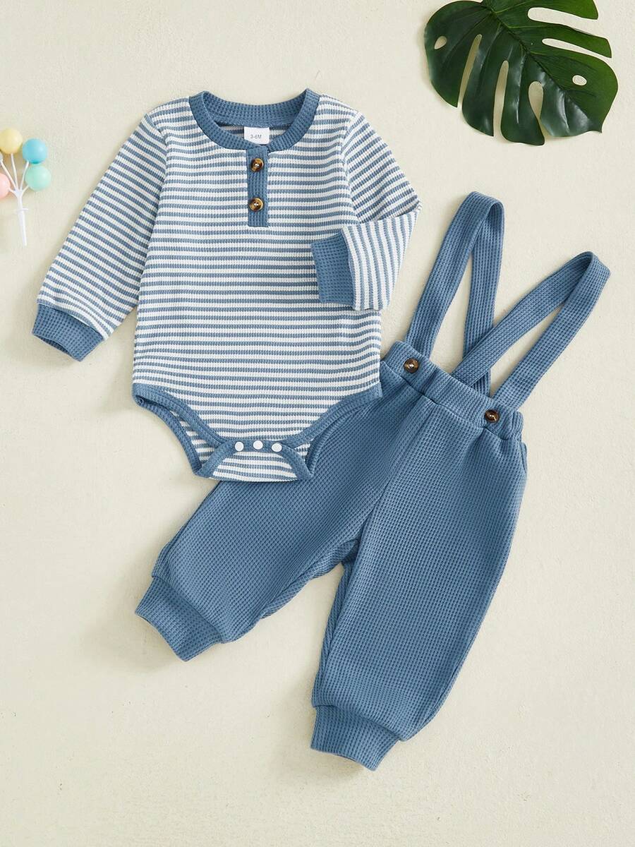 Conjuntos de 2 piezas para bebés varones, mono de rayas con cuello redondo y manga larga, pantalones con tirantes - Azul - Ver 1