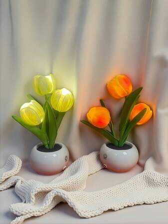 1 pieza Lámpara de flor de tulipán LED recargable por USB con sensor táctil y 3 colores, de material cerámico, con opciones de pétalos blancos/rosas, lámpara de noche de escritorio, lámpara de ramo floral, decoración de dormitorio y mesita de noche, luz de ambiente para fiestas y festivales, regalo para días festivos