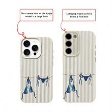 1pc TPU Material Elegant Blue Striped Bikini Pattern Phone Case Compatible With IPhone 17 Pro Max/17/16 Pro Max/15/13/12/11, S20 FE/A15/S24/A55, Redmi Note 11/Note 12/Note 13 Pro, Full Body Shockproof Soft Protective Cover - White - View 7