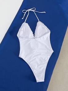 PEPPERMOLLY Bộ bikini 2 mảnh dành cho nữ, kiểu dáng sọc lượn sóng, áo tắm liền thân cổ yếm mùa hè, áo tắm liền thân màu trắng trơn viền ren dễ thương, đồ bơi cạp cao cho kỳ nghỉ hè, lựa chọn thay thế bikini thanh lịch với chi tiết ren. - trắng - Xem 9