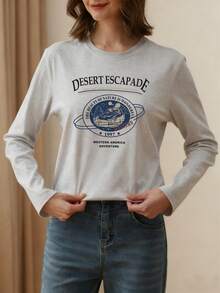 女士春夏新款宽松圆领休闲百搭可爱印花长袖 T 恤上衣 - 淺灰色 - 查看 3