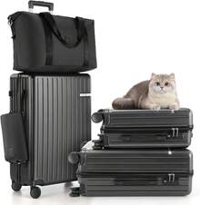tooluck 5 Piece Luggage Sets(4-YEARS WARRANTY) ABS+PC Suitcases With Wheels And Side Hook Hardshell 20/24/28 Inch Luggage With Duffel Bag Travel Bag,Black - 5pcs 黑色 - 查看 1